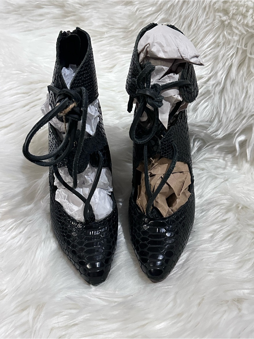 Freebird Joust Black Snake Lace-Up Pointed Heeled Booties